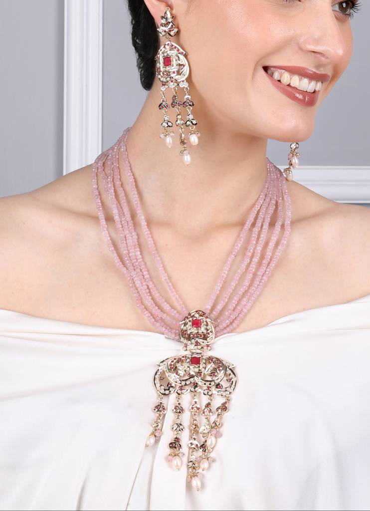 Royal Jadau Pink Jadau Necklace Set With Earrings : RMQJ0239