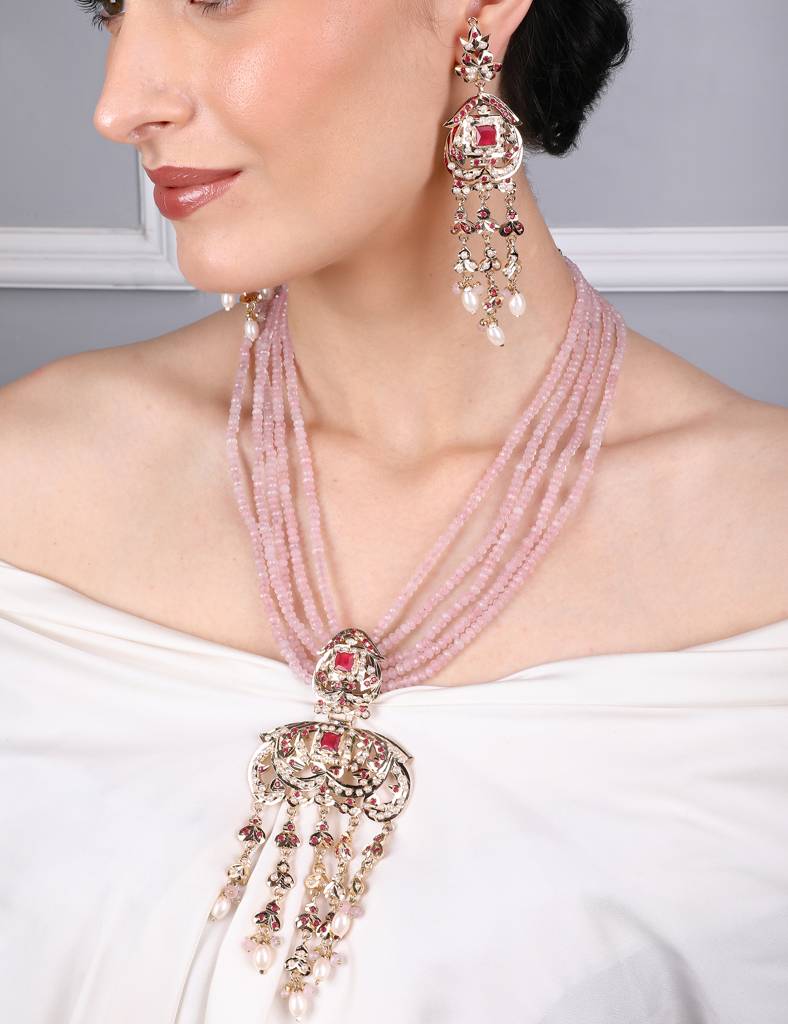 Royal Jadau Pink Jadau Necklace Set With Earrings : RMQJ0239