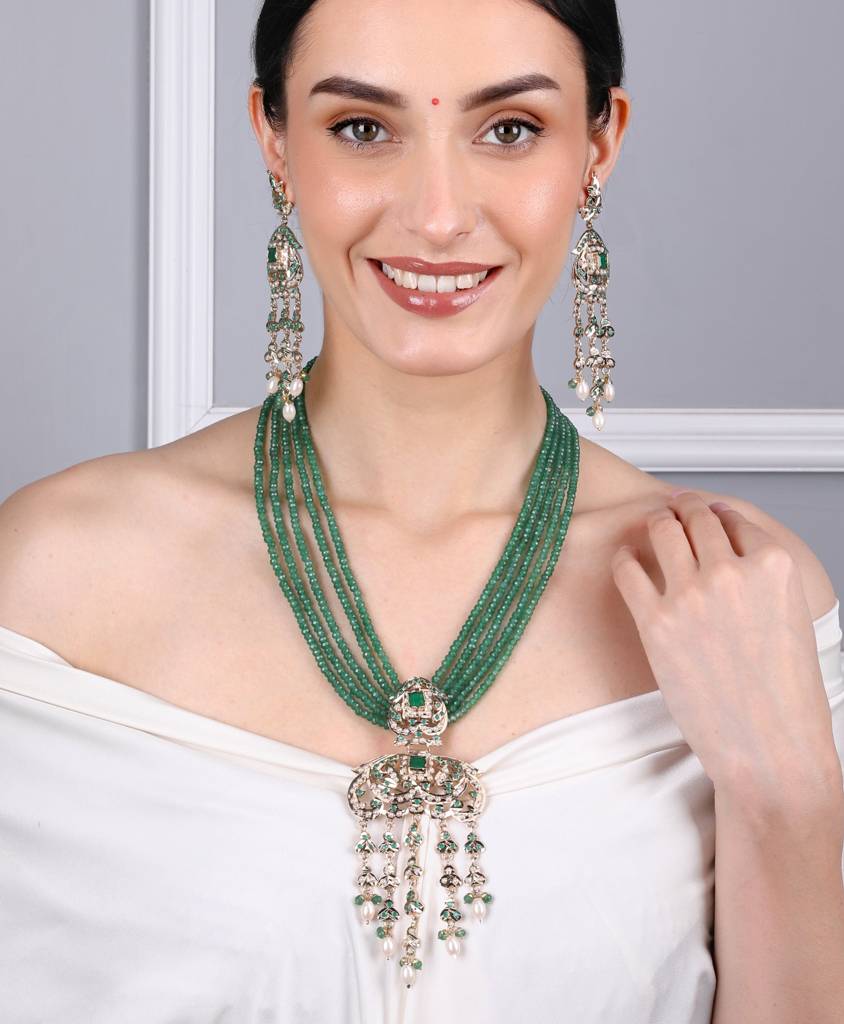 Heritage Jadau Necklace With Emerald Green Beads : RMQJ0240