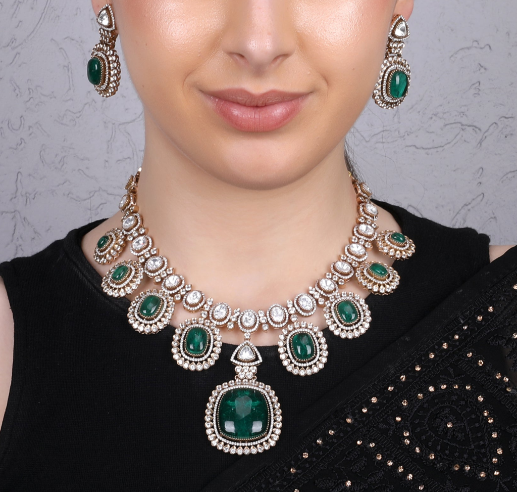 Celina Gold-Plated Kundan Necklace Set With Green Stones : RMQJ0237