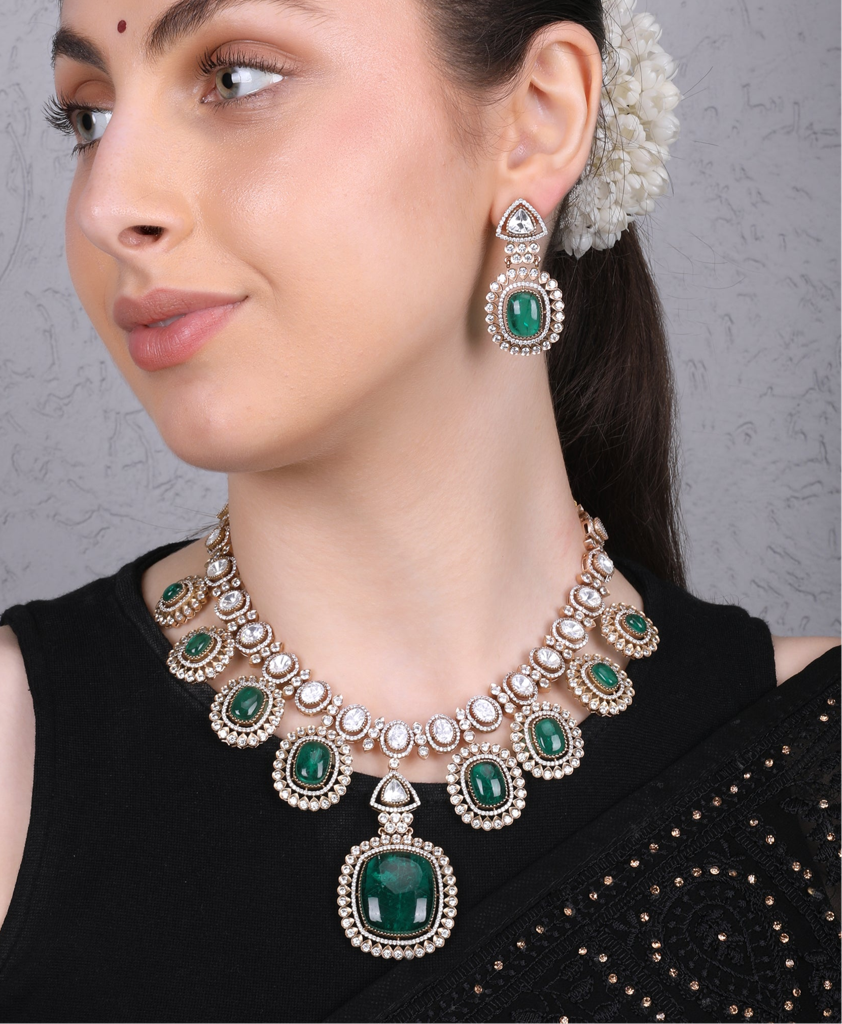 Celina Gold-Plated Kundan Necklace Set With Green Stones : RMQJ0237