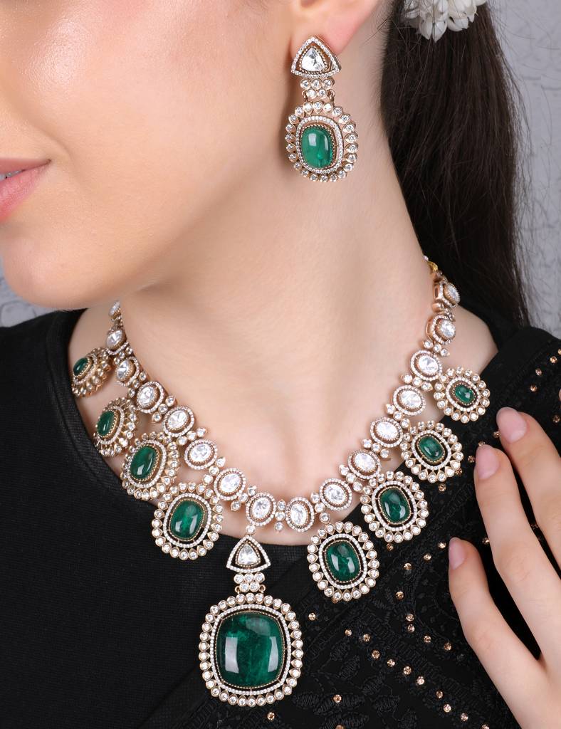 Celina Gold-Plated Kundan Necklace Set With Green Stones : RMQJ0237