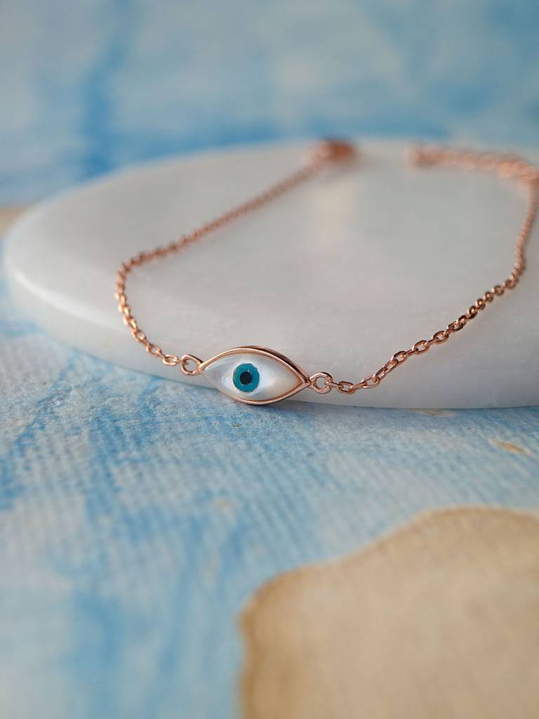 Evil Eye Kabbalah Bracelet – 18K Rose Gold Plated Sterling Silver, White Sapphire, Tennis Style
