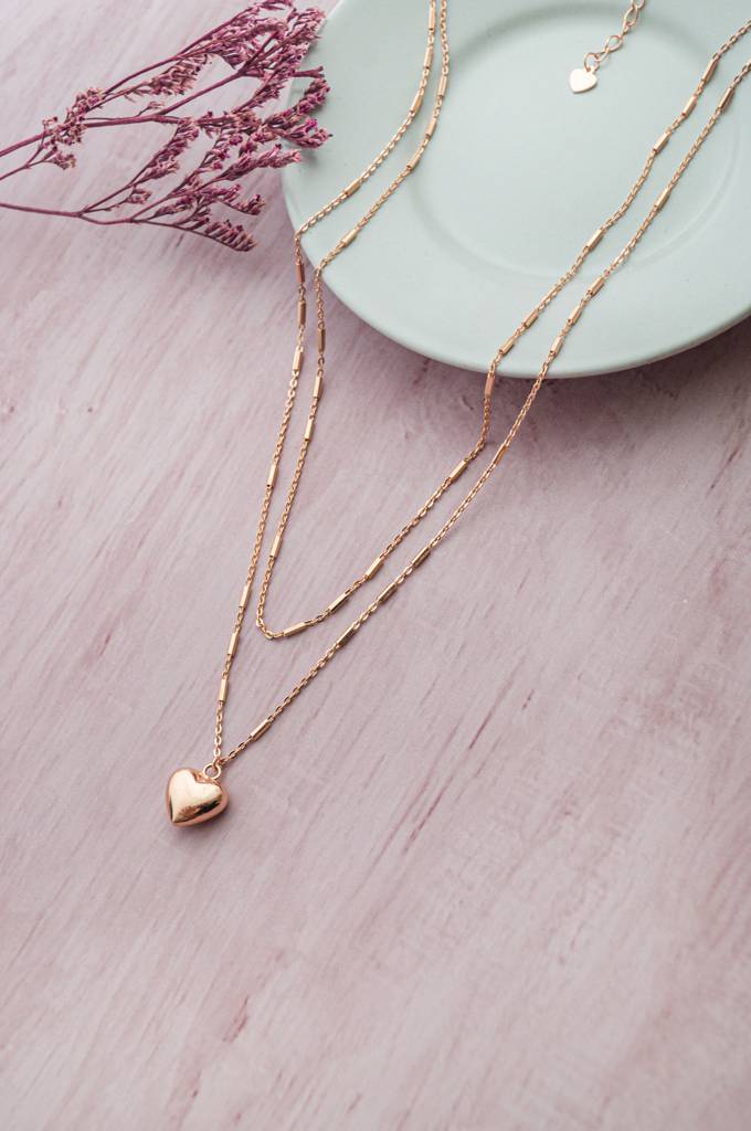 Mannash Trendy Two Layer With Heart Rose Gold Plated Sterling Silver Chain Necklace : MPRND839D1957