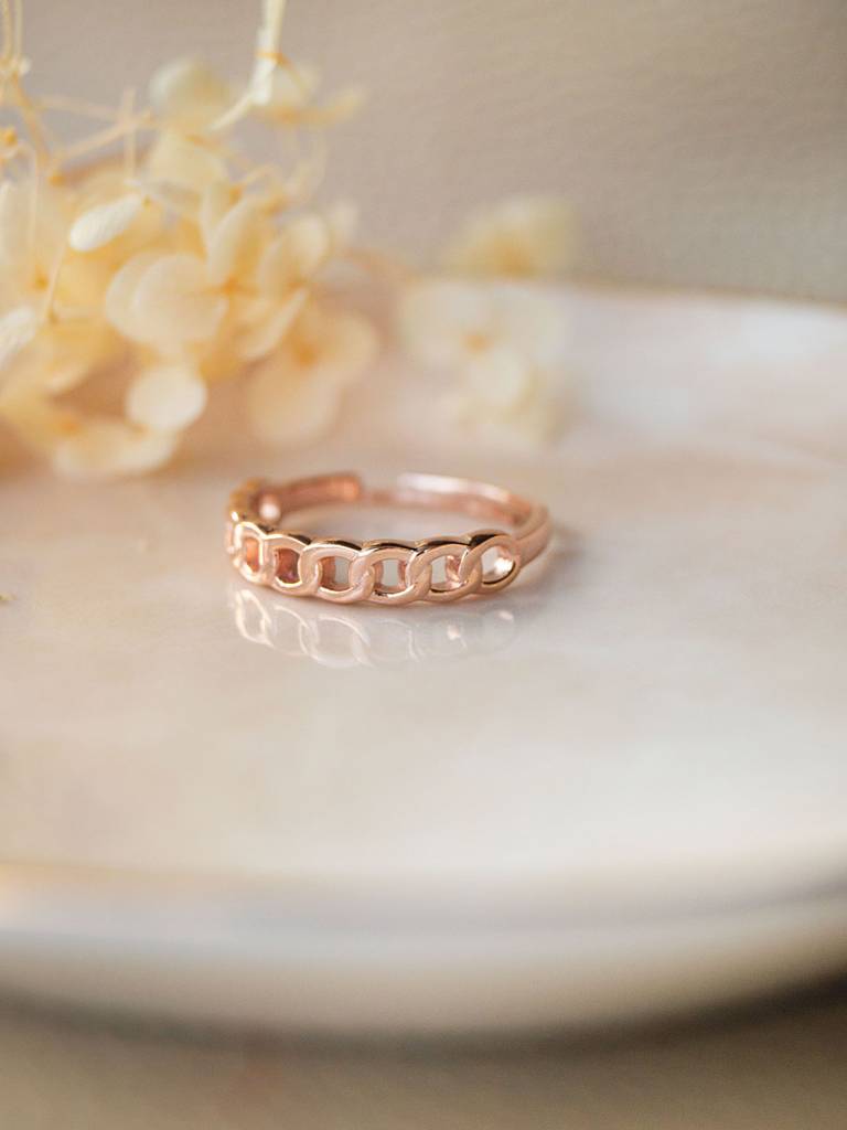 Interlinked Cuban Chain Rose Gold Plated Sterling Silver Adjustable Ring : MPRRA644D1517