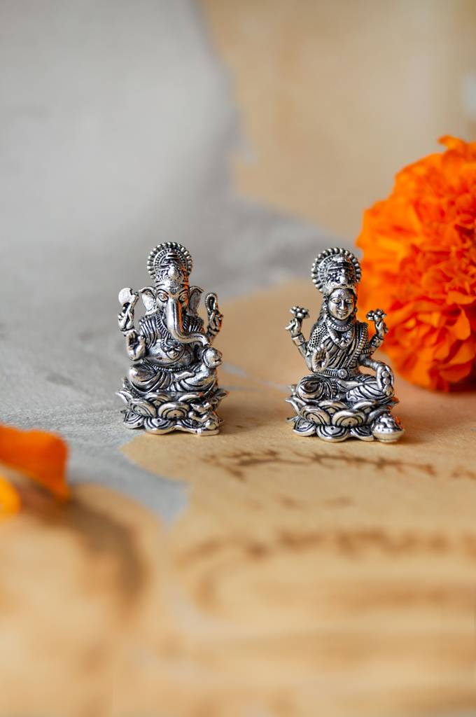 Divine Lakshmi & Ganesh Combo Antique Finish 925 Sterling Silver Idol : MPSIC774D1815