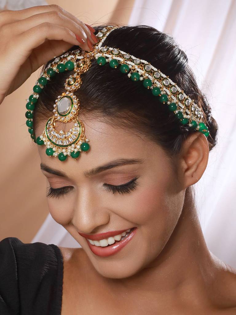 Gold-Plated Green & White Kundan-Studded & Pearls Beaded Sheeshphool Mathapatti : MPT-JS23-10018