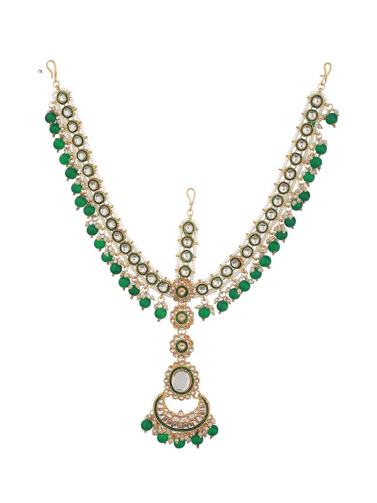 Gold-Plated Green & White Kundan-Studded & Pearls Beaded Sheeshphool Mathapatti : MPT-JS23-10018