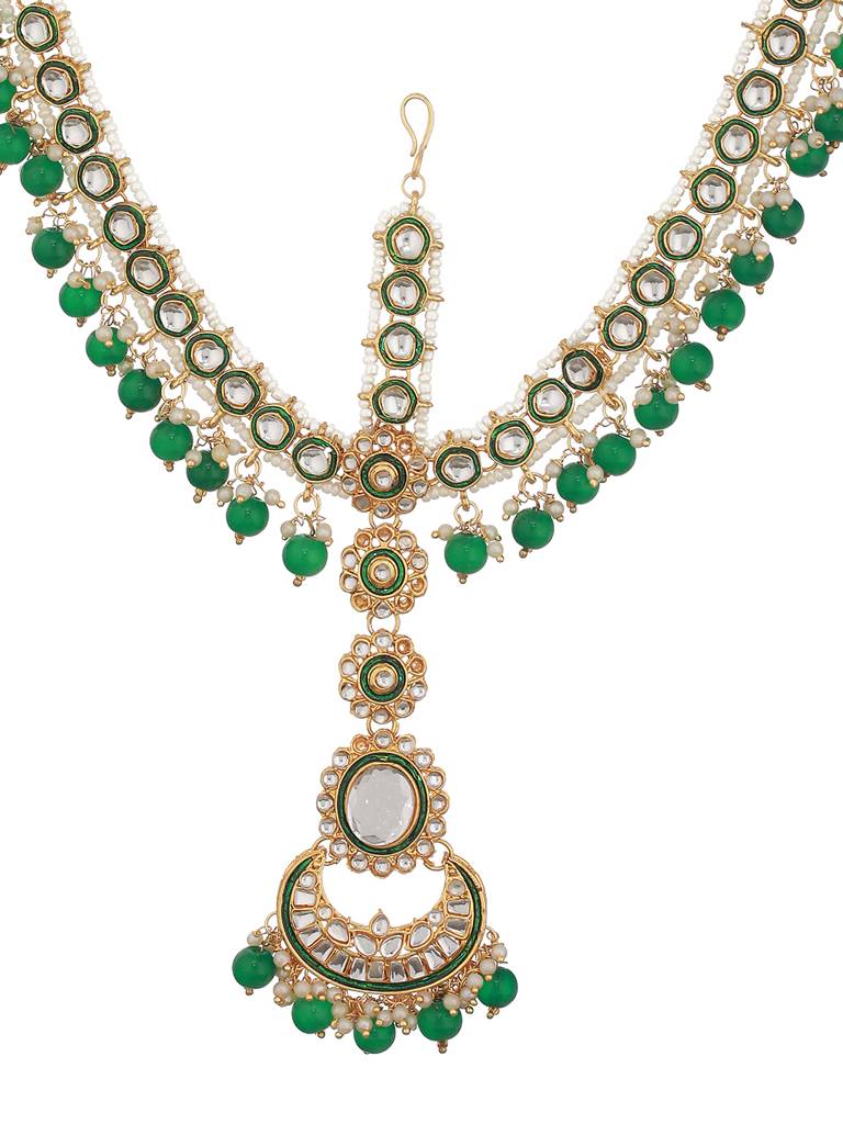 Gold-Plated Green & White Kundan-Studded & Pearls Beaded Sheeshphool Mathapatti : MPT-JS23-10018