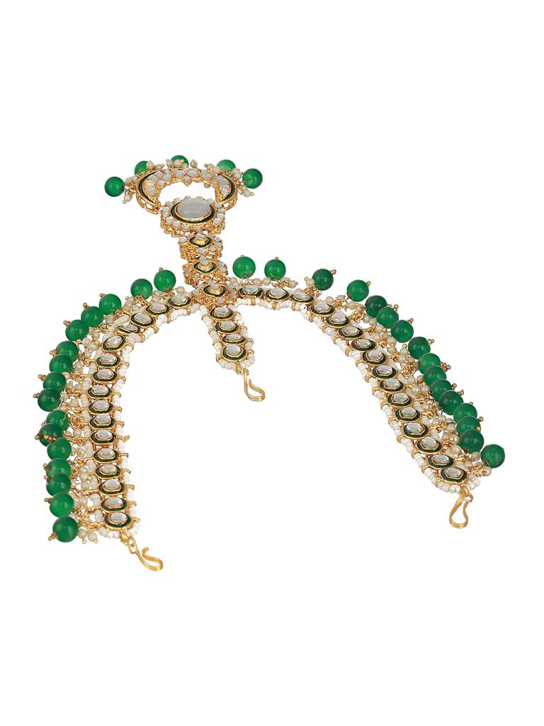 Gold-Plated Green & White Kundan-Studded & Pearls Beaded Sheeshphool Mathapatti : MPT-JS23-10018