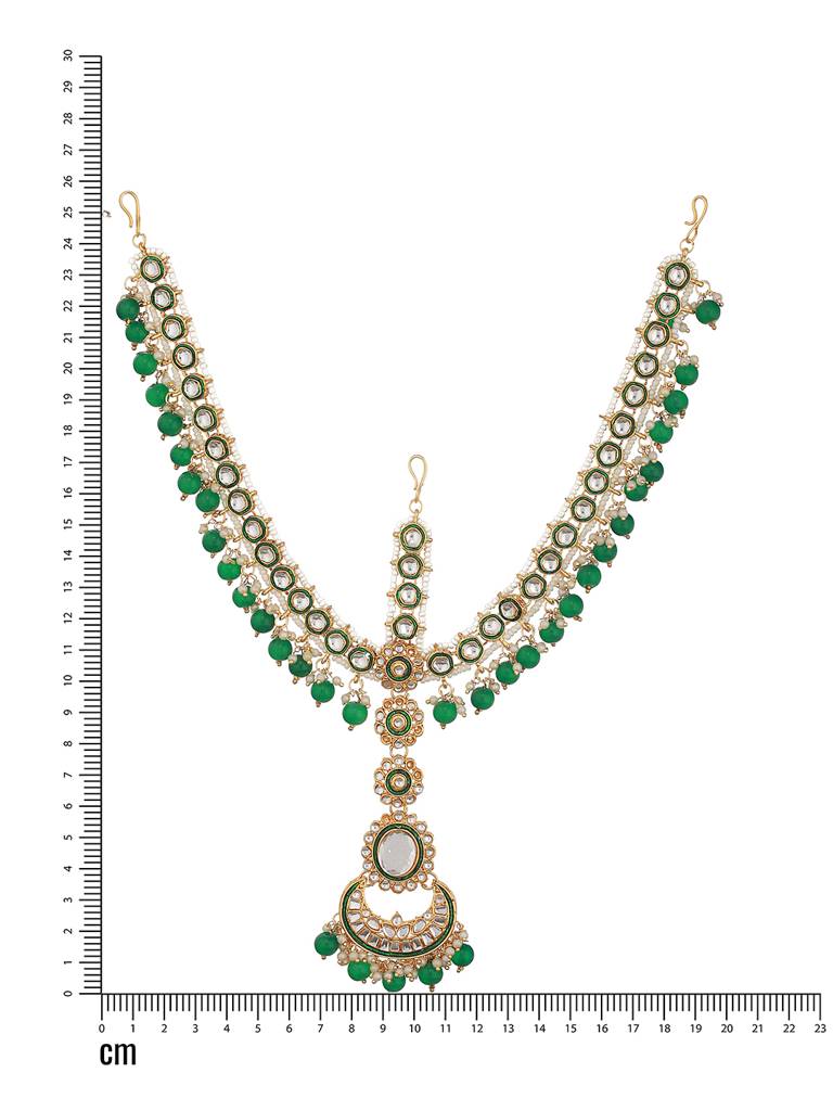 Gold-Plated Green & White Kundan-Studded & Pearls Beaded Sheeshphool Mathapatti : MPT-JS23-10018