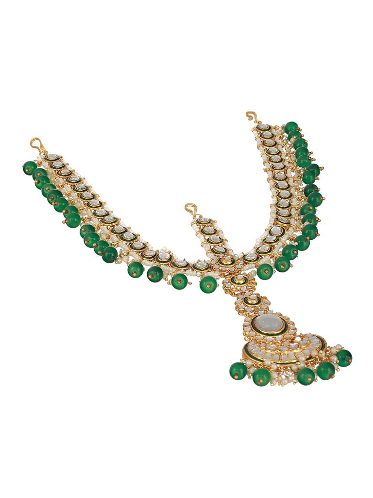 Gold-Plated Green & White Kundan-Studded & Pearls Beaded Sheeshphool Mathapatti : MPT-JS23-10018