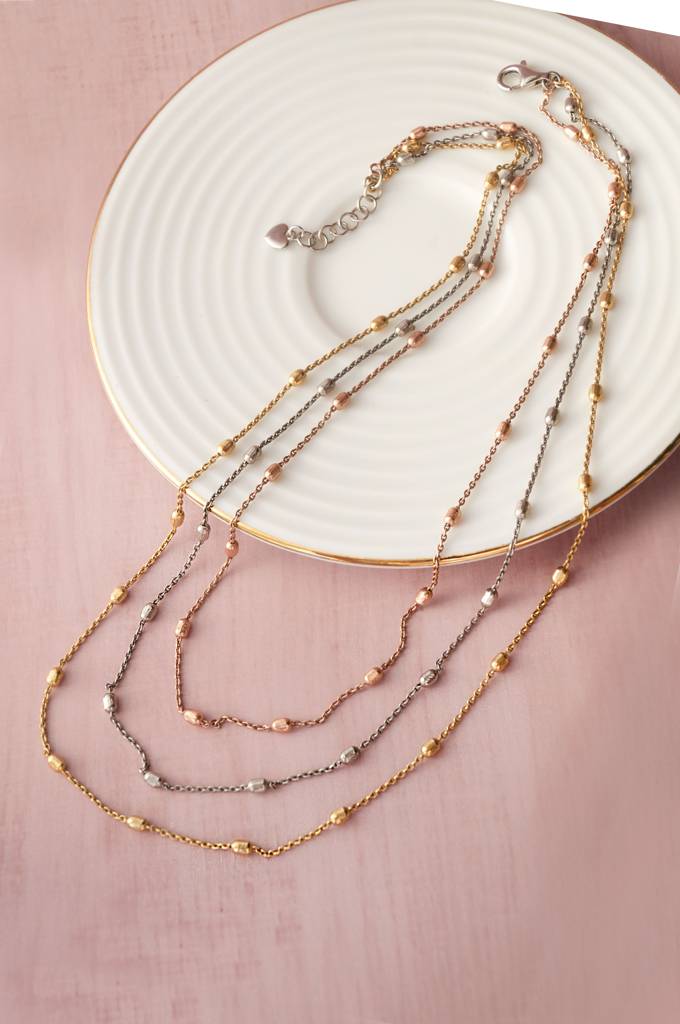 Mannash Tri Layer 3 Tone Oval Beads Sterling Silver Chain Necklace : MPTN730D1721