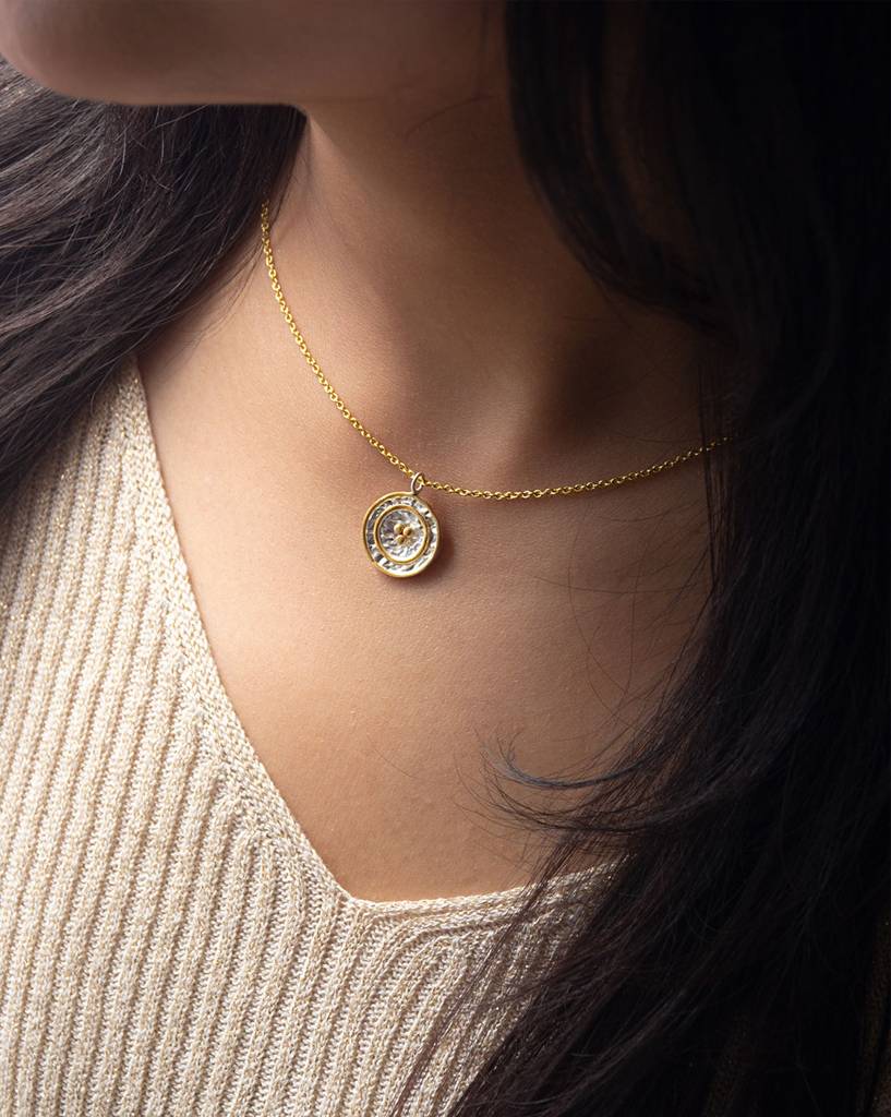 Mannash Shimmering Gold Granulation Sterling Silver Pendant Necklace : MPYNCP98D172