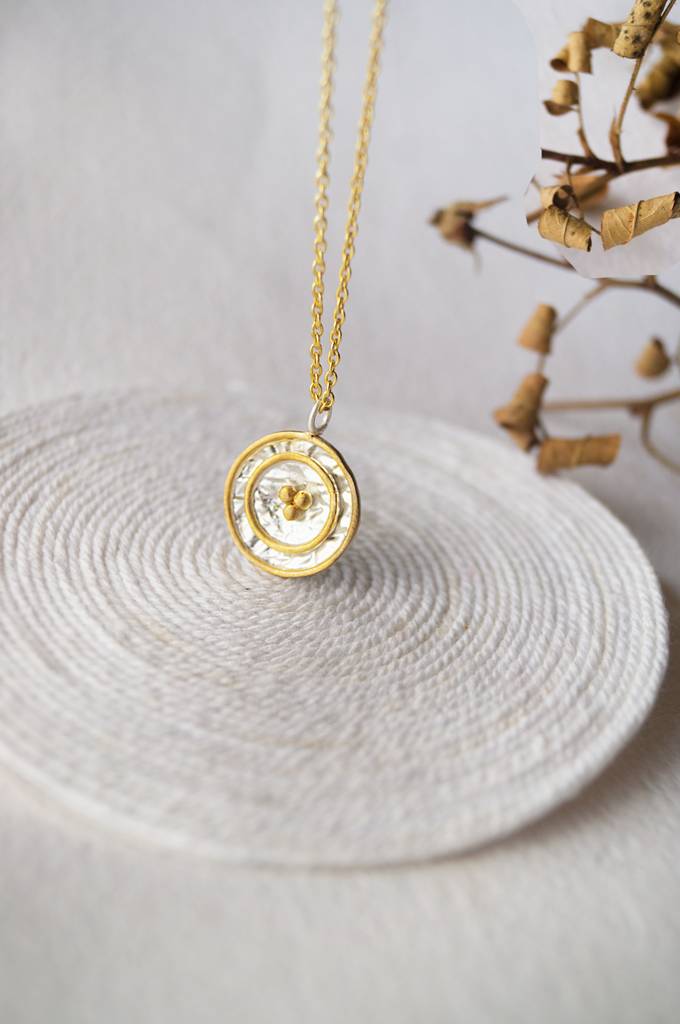 Mannash Shimmering Gold Granulation Sterling Silver Pendant Necklace : MPYNCP98D172