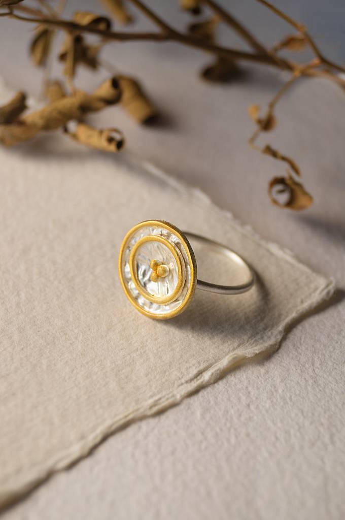 Shimmering Gold Granulation Statement Sterling Silver Ring : MPYRS98D174