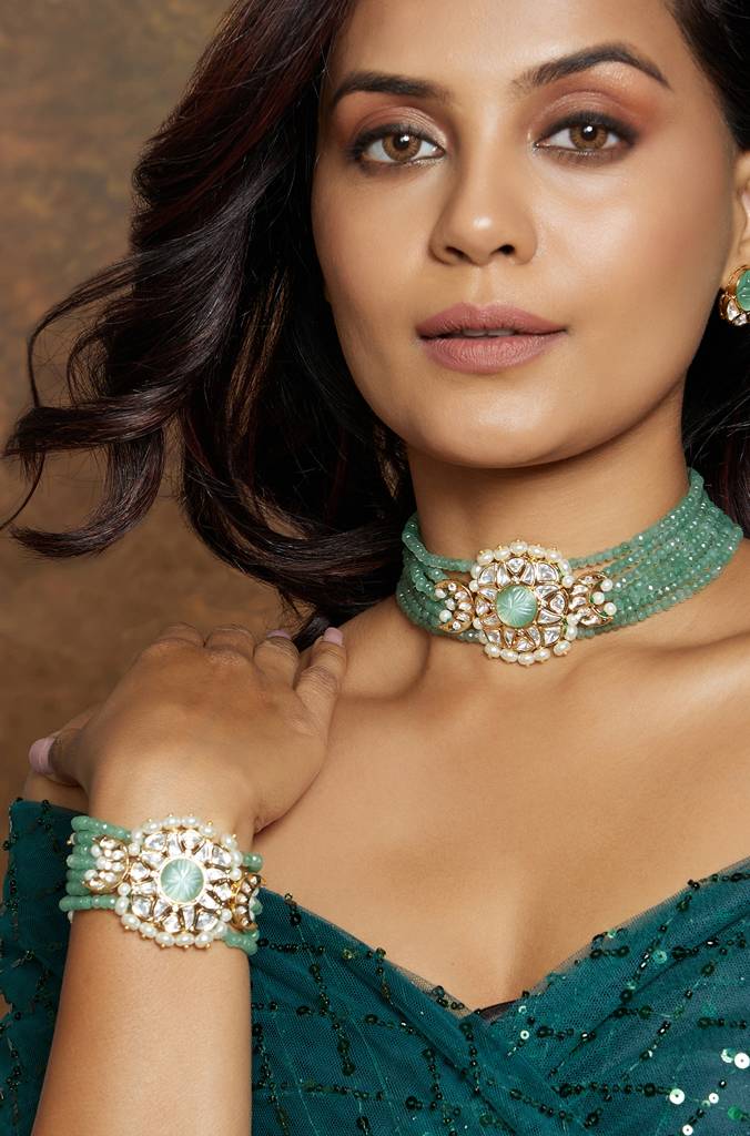 Gold Tone Green Polki Bracelet