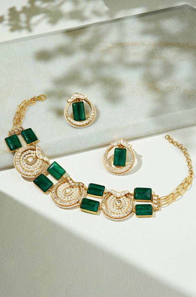 Green & White Polki Choker Set