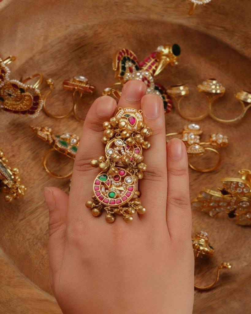 Multicolor Gold Plated Jadau Kundan Ring : MRNG138M