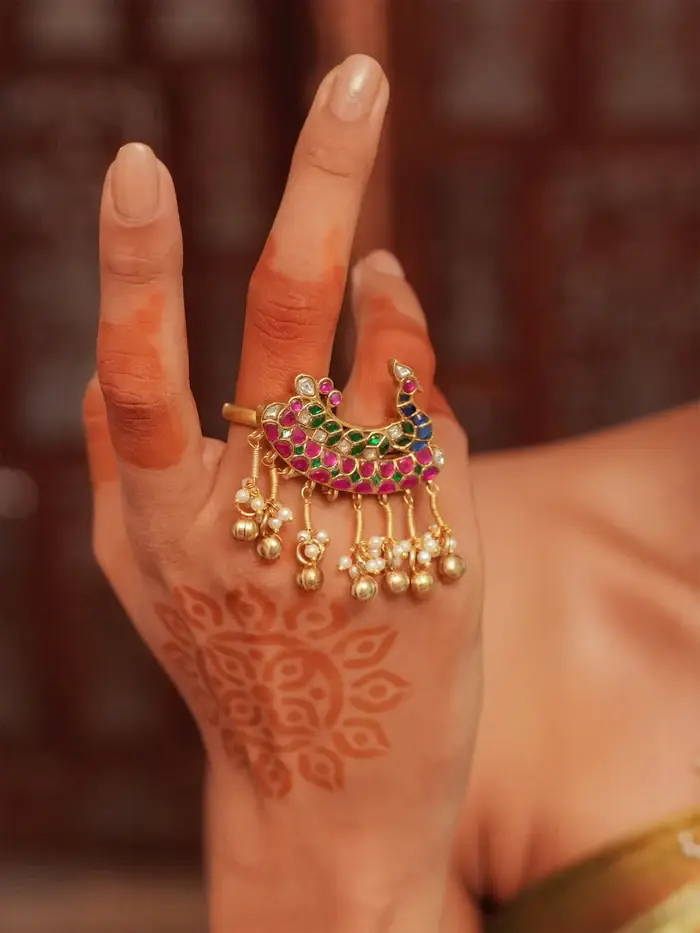 Multicolor Gold Plated Jadau-Kundan Ring : MRNG180M