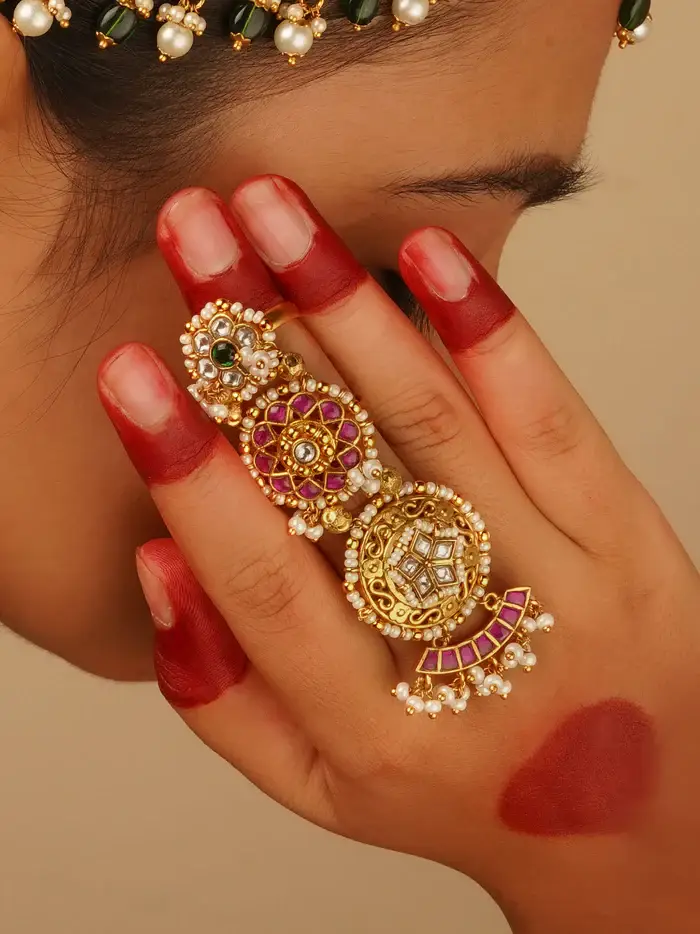 Multi Color Gold Plated Jadau Kundan Ring Multi Color Gold