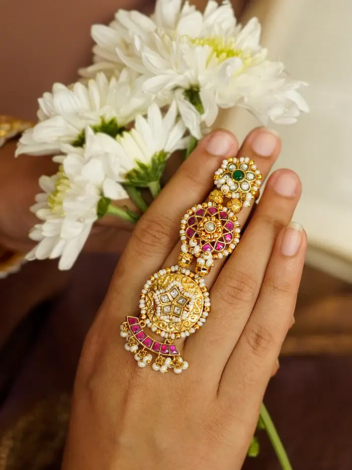 Multi Color Gold Plated Jadau Kundan Ring : MRNG182M