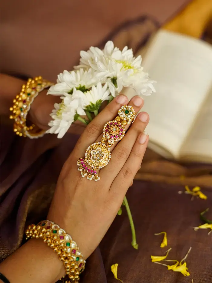 Multi Color Gold Plated Jadau Kundan Ring : MRNG182M