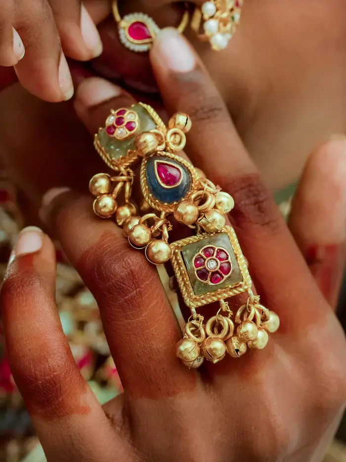 Multicolor Gold-Plated Jadau Kundan Ring : MRNG186M