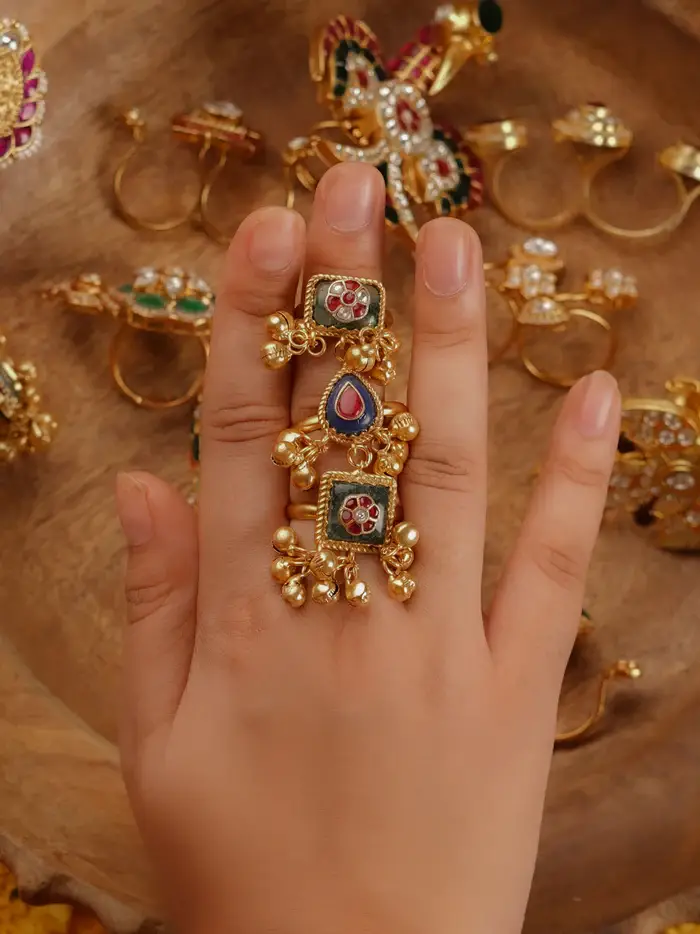 Multicolor Gold-Plated Jadau Kundan Ring : MRNG186M
