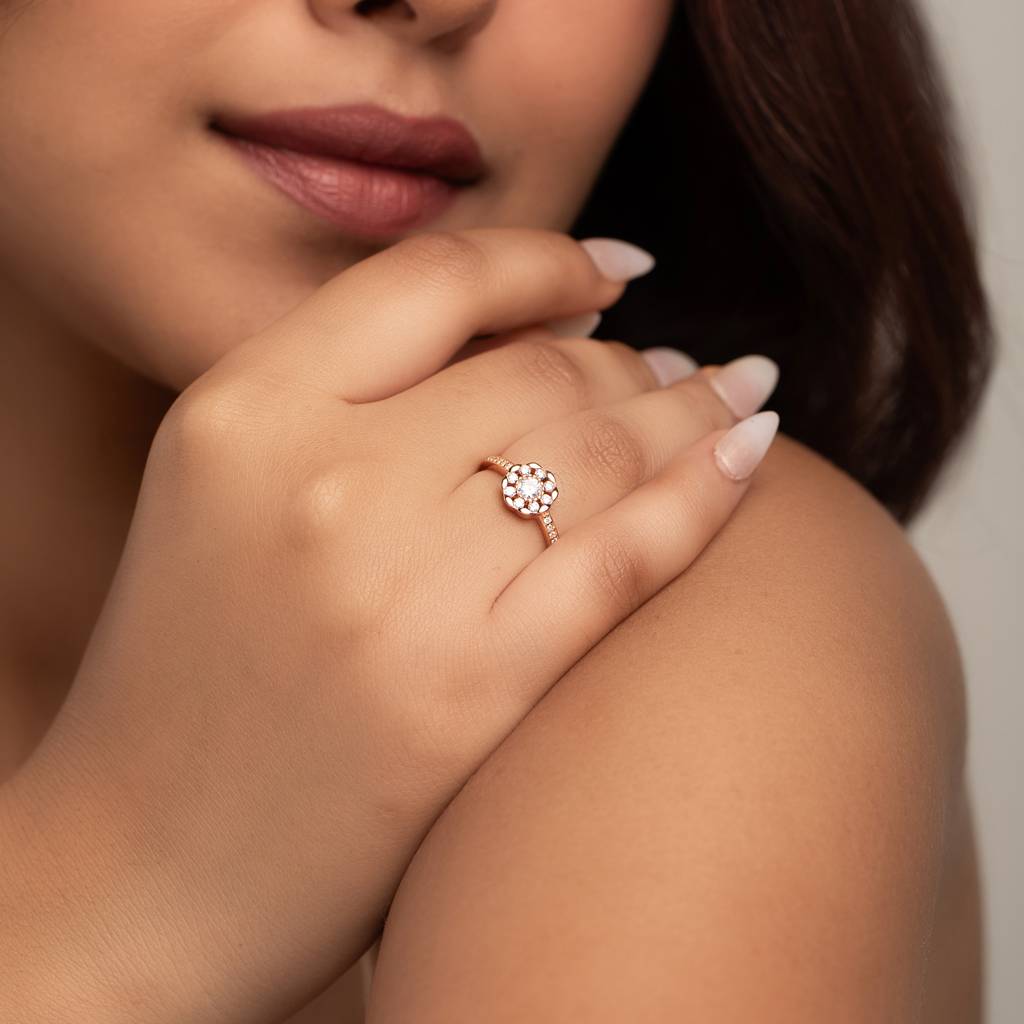 925 Sterling Silver Rose Gold Flower Ring With Cubic Zirconia : RJSPRG40