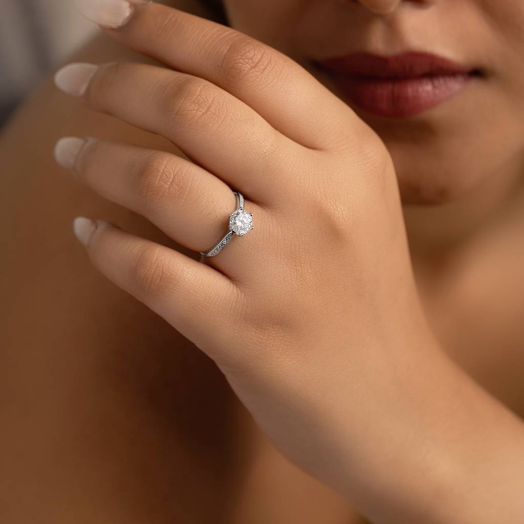 925 Sterling Silver Solitaire Engagement Ring With Cubic Zirconia Accents : RJSPRG46