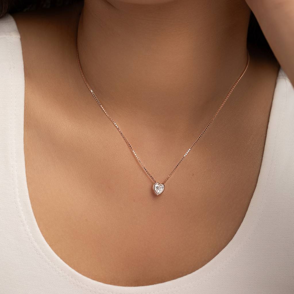 925 Sterling Silver Rose Gold Heart Solitaire Pendant Necklace : RJSPPN40