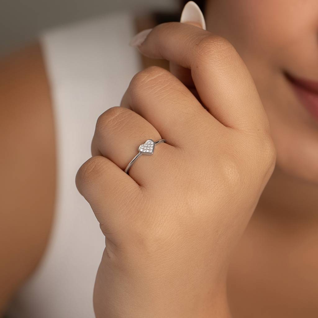 925 Sterling Silver Adjustable Heart Ring With Pave Cubic Zirconia : RJSPRG39