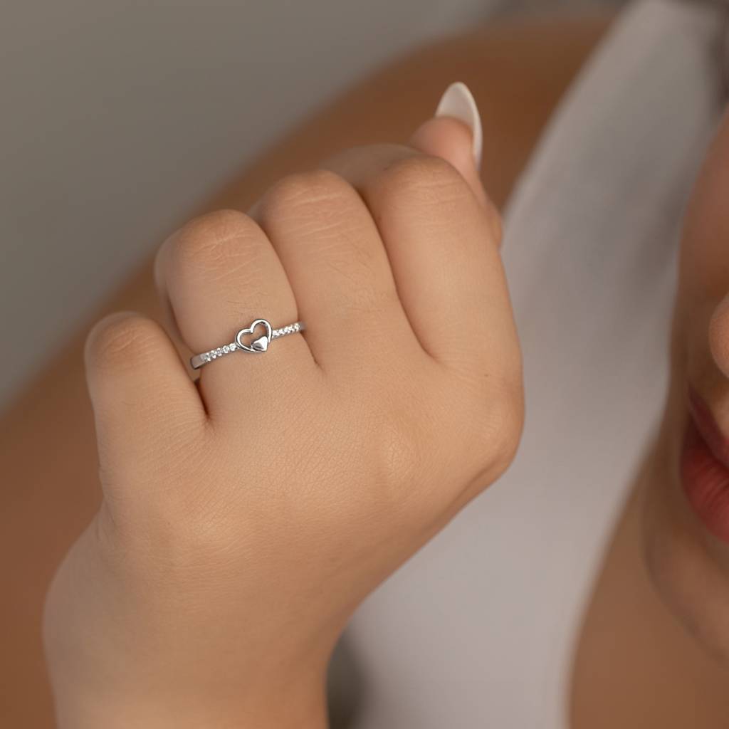 925 Sterling Silver Double Heart Ring With Cubic Zirconia Accents
