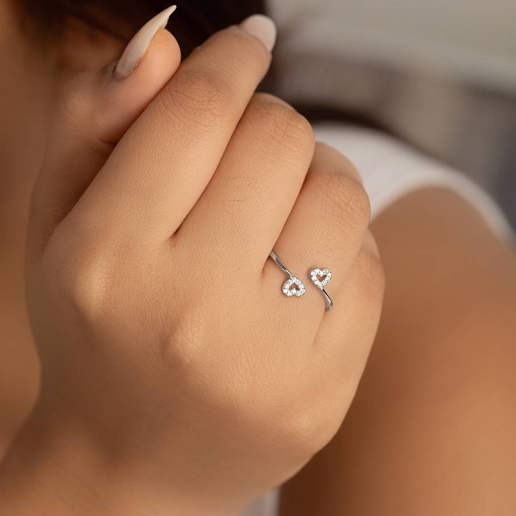 925 Sterling Silver Open Double Heart Ring With Cubic Zirconia Halo : RJSPRG51