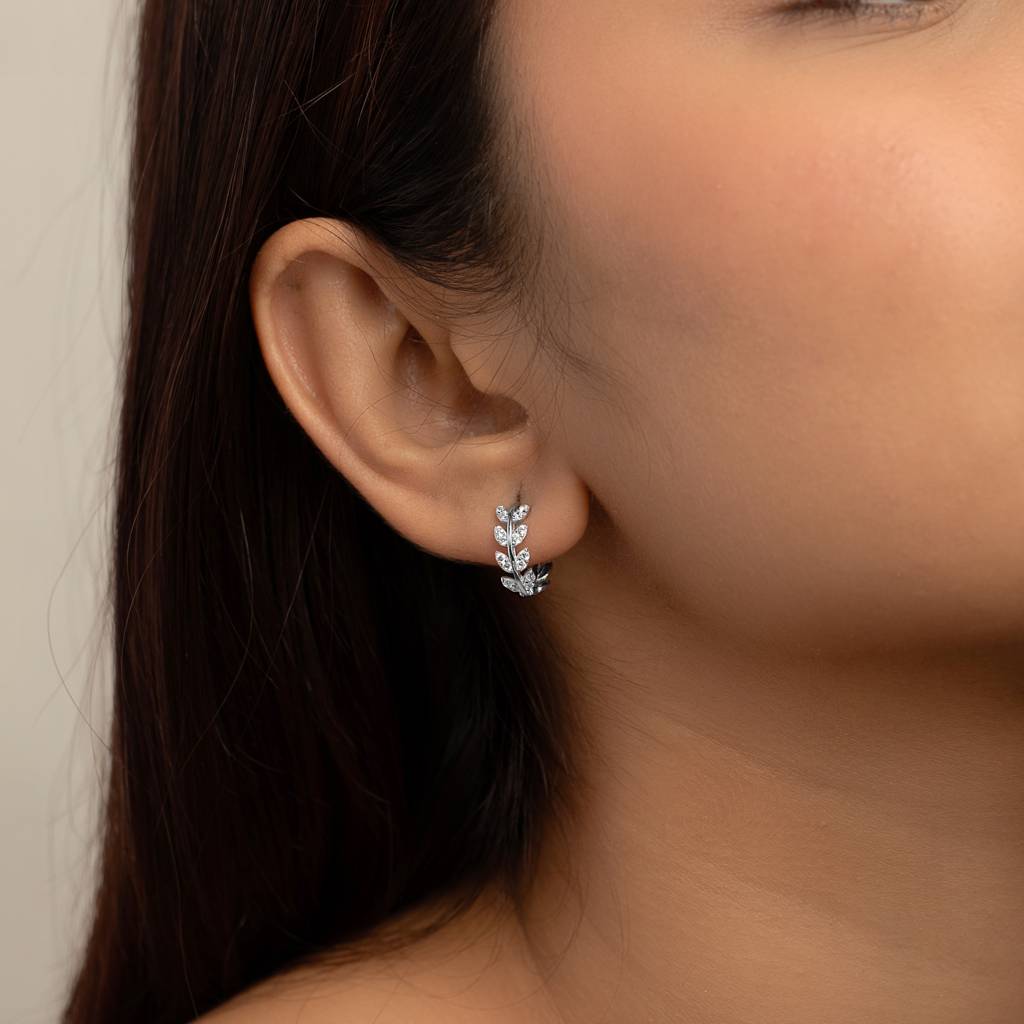 925 Sterling Silver Leaf Design Huggie Hoop Earrings With Cubic Zirconia : RJSPER56
