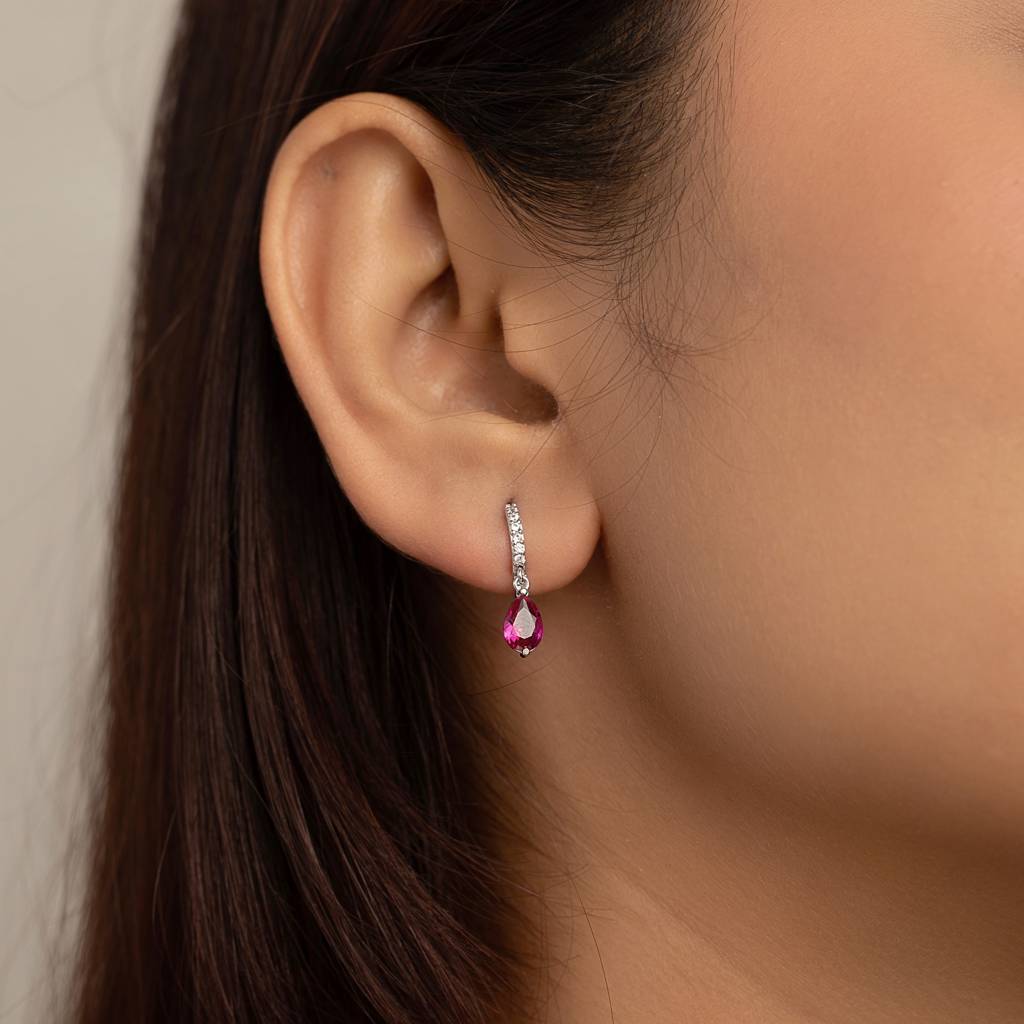 925 Sterling Silver Zircon-Studded Hoop Earrings With Ruby Red Teardrop Danglers : RJSPER49