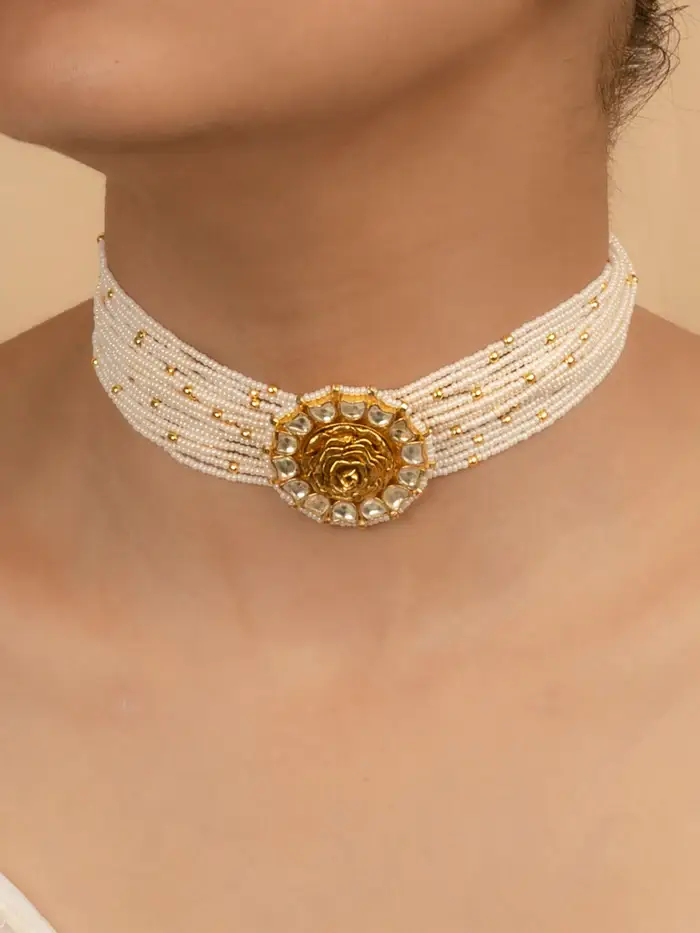 White Color Gold Plated Jadau Kundan Necklace Set - Ms1122Y : MS1122Y