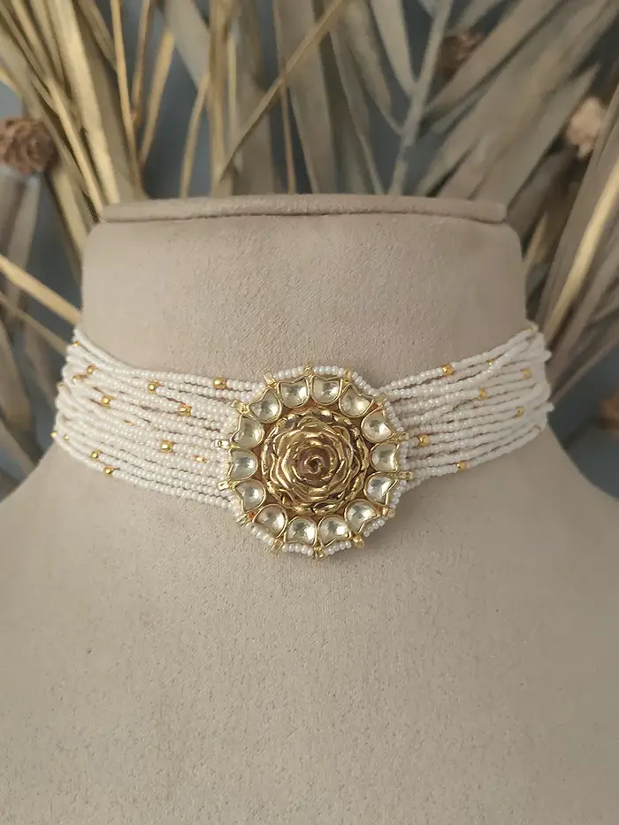 White Color Gold Plated Jadau Kundan Necklace Set - Ms1122Y : MS1122Y