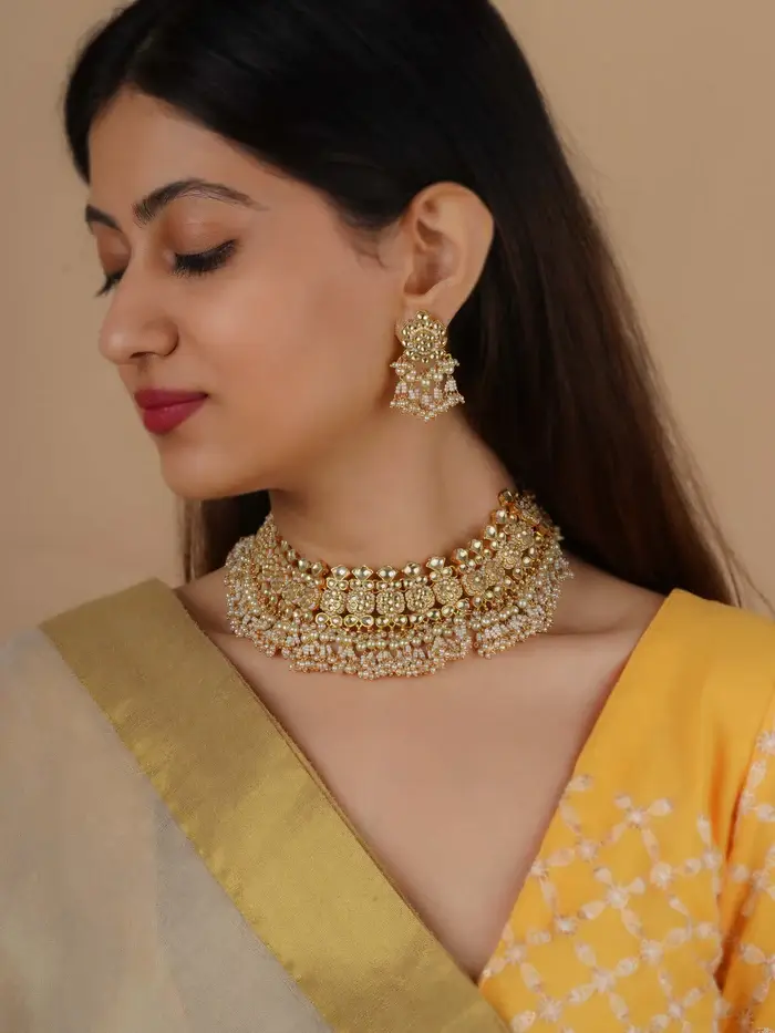 Gold-Plated Jadau Kundan Necklace Set : MS2045Y