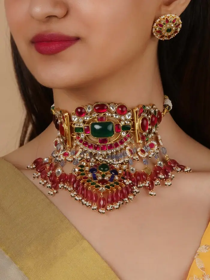 Multicolor Gold Plated Jadau Kundan Necklace Set : MS2150M