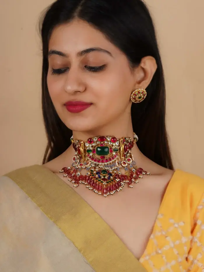Multicolor Gold Plated Jadau Kundan Necklace Set : MS2150M