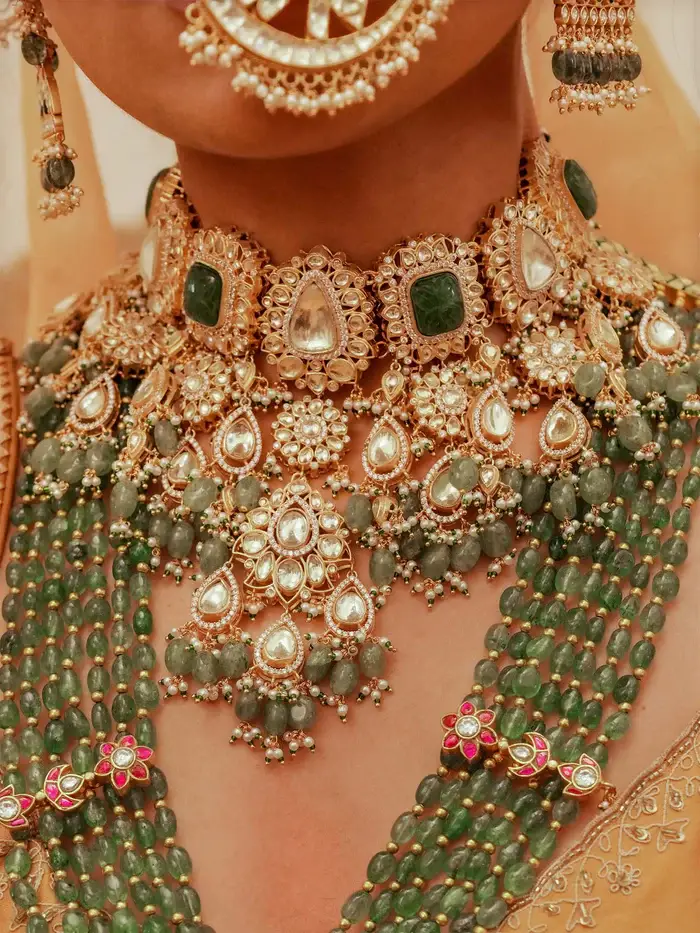 Green Color Gold Plated Jadau Kundan Bridal Necklace Set : MS2161