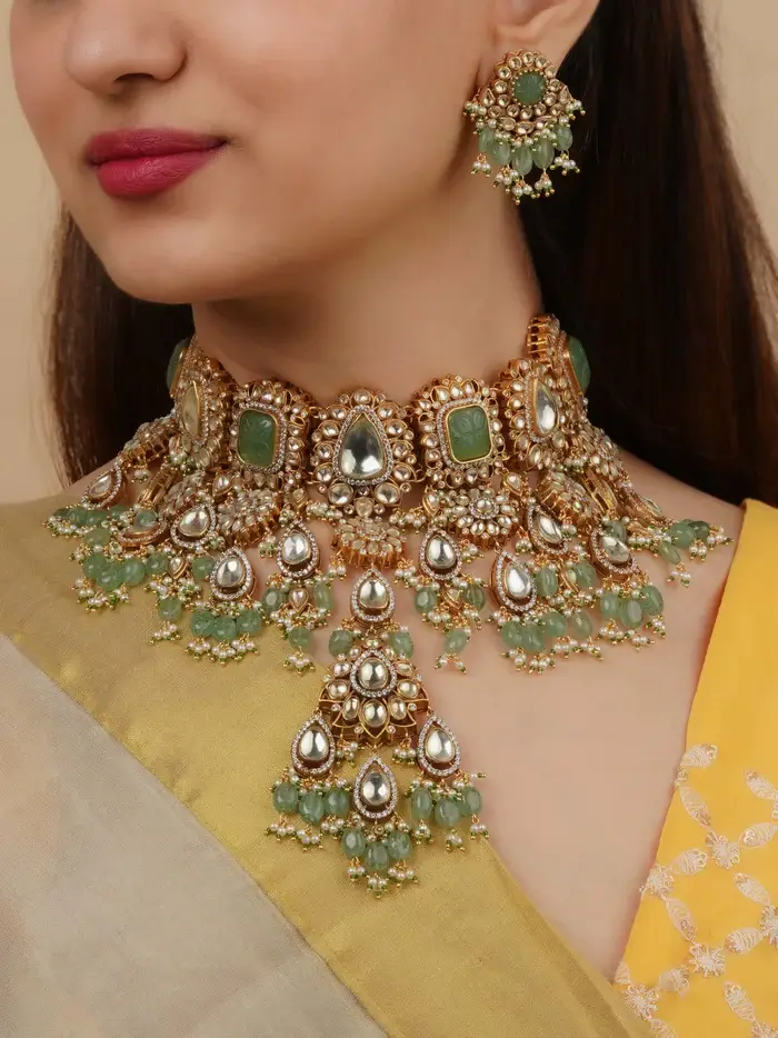 Green Color Gold Plated Jadau Kundan Bridal Necklace Set : MS2161