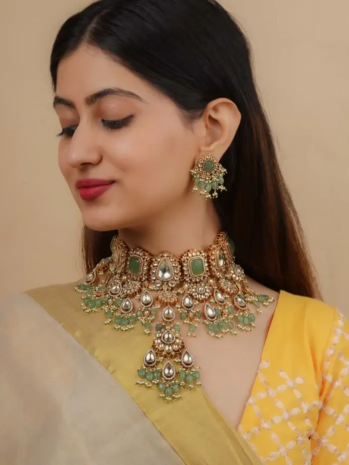 Green Color Gold Plated Jadau Kundan Bridal Necklace Set : MS2161