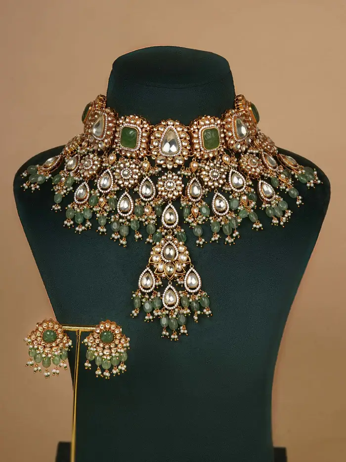 Green Color Gold Plated Jadau Kundan Bridal Necklace Set : MS2161