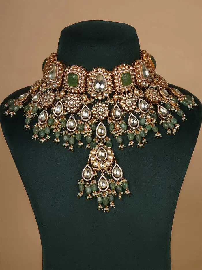 Green Color Gold Plated Jadau Kundan Bridal Necklace Set : MS2161