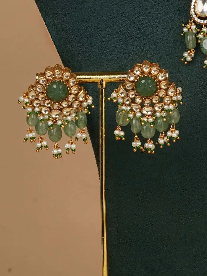 Green Color Gold Plated Jadau Kundan Bridal Necklace Set : MS2161