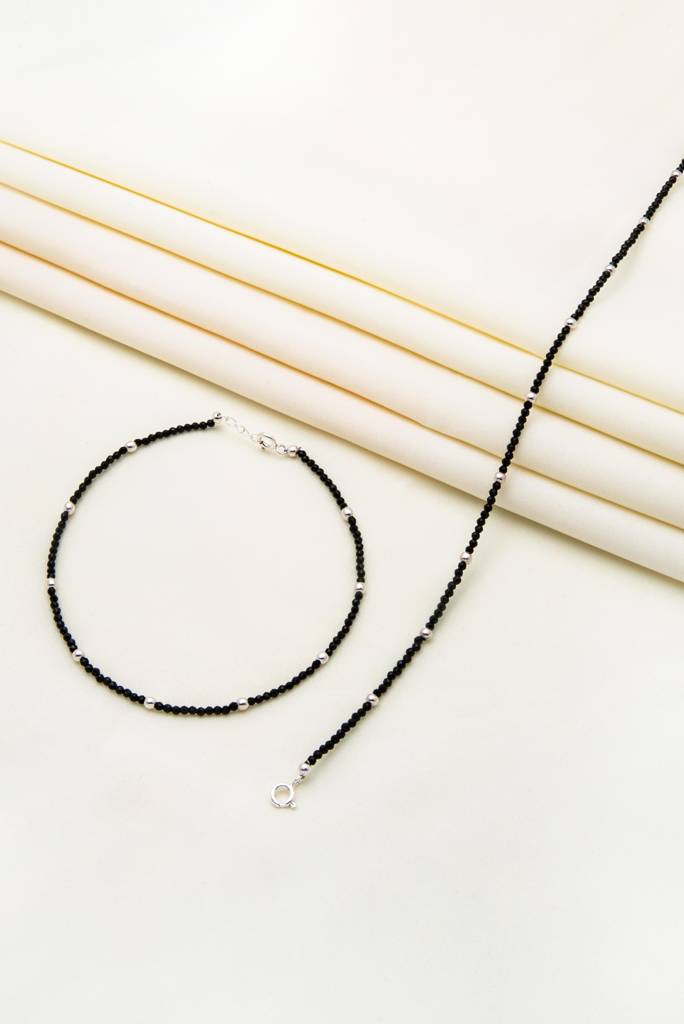 Silberry 925 Sterling Silver Minimal Black Beads Pair Of Anklets : MSA11