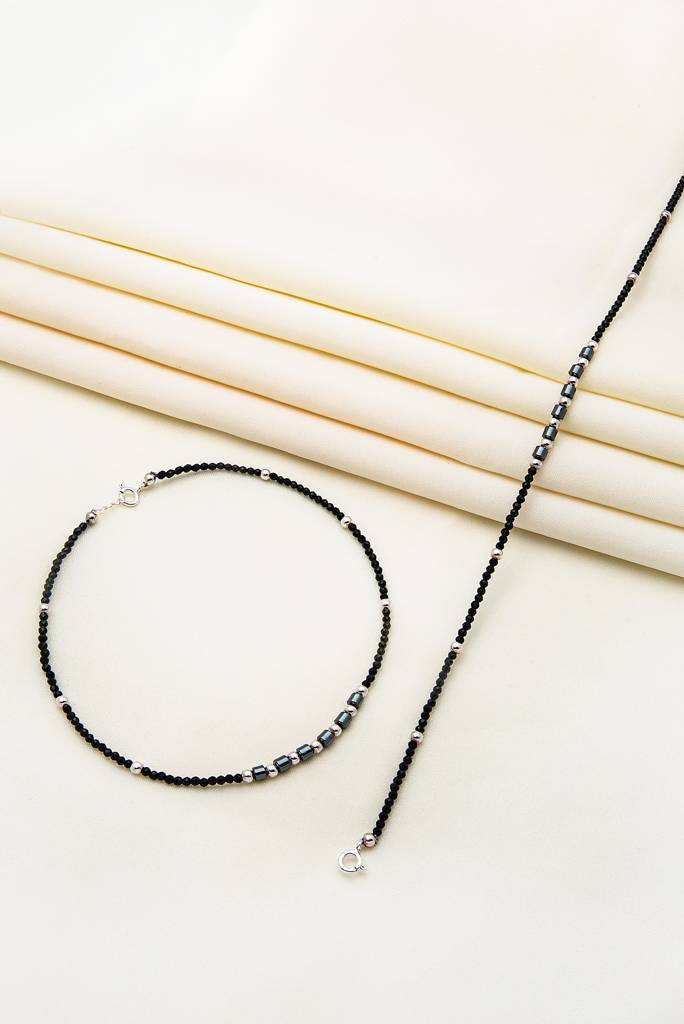 Silberry 925 Sterling Silver Gentle Black Beads Pair Of Anklets : MSA14